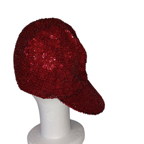 Red Vintage Sassy Sequined & Beaded Glam Newsboy Cabbie Cap Adjustable Casual - Picture 7 of 11